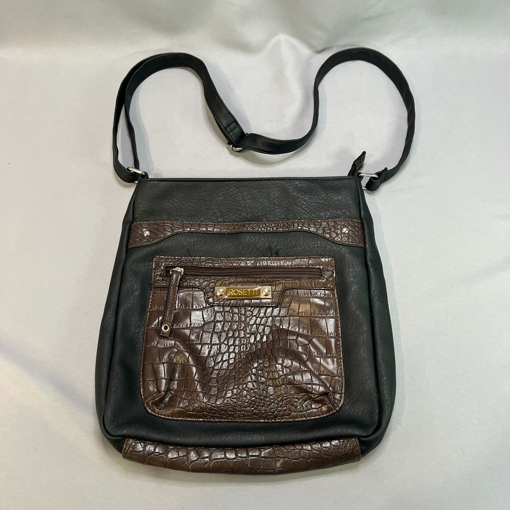 Vintage Rosetti Crossbody Bag Womens Brown Black Croc Embossed Shoulder Strap